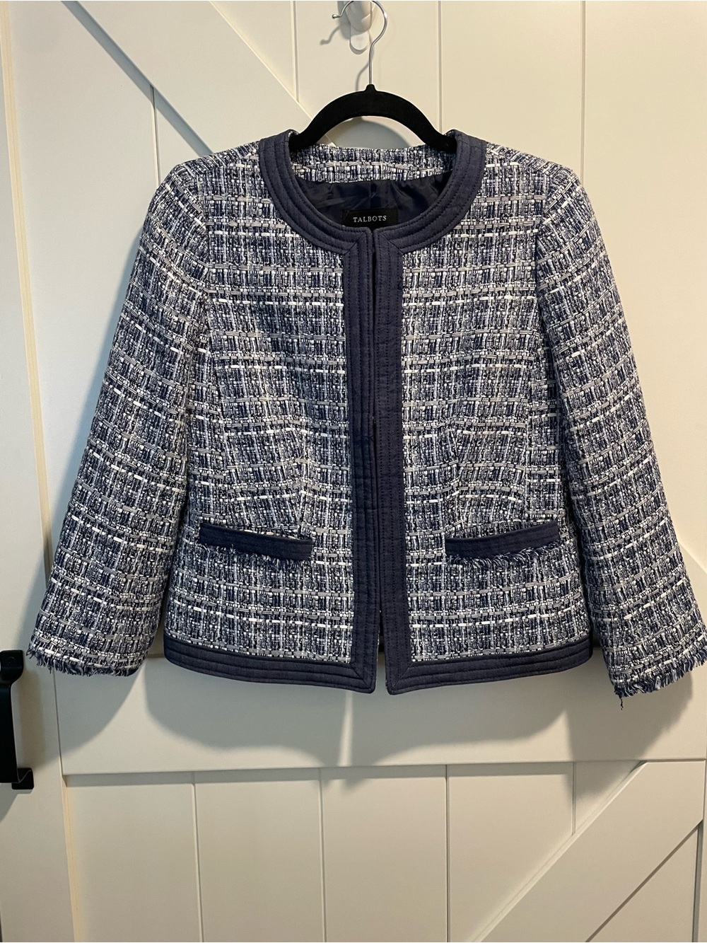 Talbots Navy and White Tweed Cropped Jacket